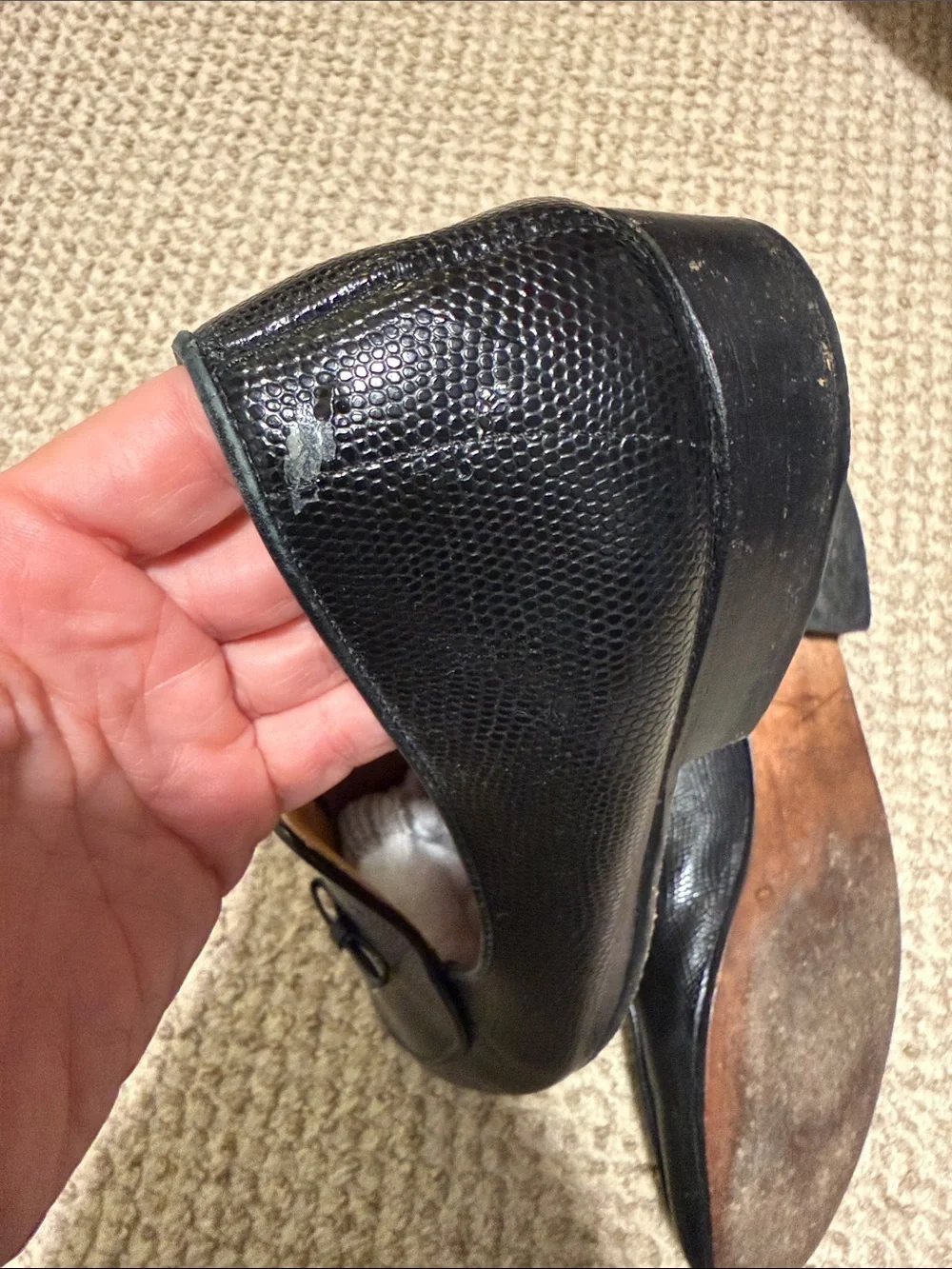 Authentic Belgian Shoes Black Lizard-Texture Loafers